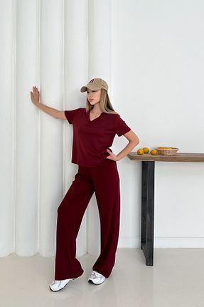 ست بالاتنه و پائین تنه زرشکی زنانه بافتنی The Robi - کد 933907485