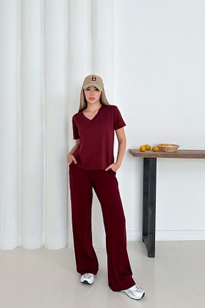 ست بالاتنه و پائین تنه زرشکی زنانه بافتنی The Robi - کد 933907485