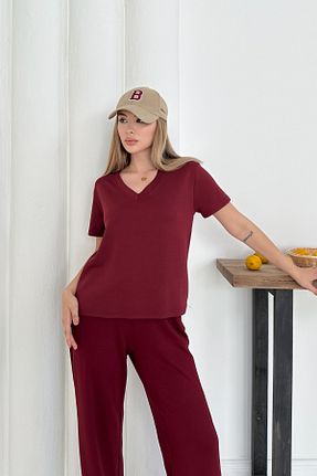 ست بالاتنه و پائین تنه زرشکی زنانه بافتنی MODAMİNEM - کد 932328123