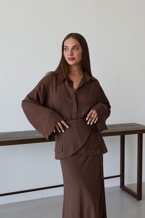 ست بالاتنه و پائین تنه قهوه ای زنانه بافتنی Laluvia - کد 953792814