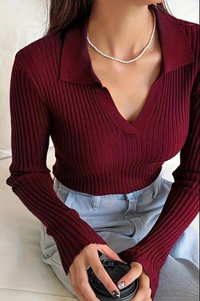 پلیور زرشکی زنانه ساده Tarz Cool - کد 953796810
