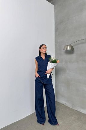 شلوار جین سرمه ای زنانه پاچه گشاد LACARINO - کد 940053794
