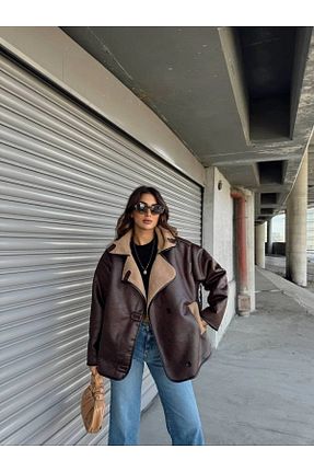 کت قهوه ای زنانه اورسایز MEECY - کد 785836480