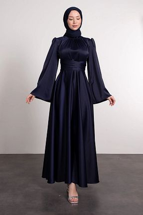 لباس مجلسی حجاب سرمه ای زنانه یقه ایستاده Lamia Giyim - کد 940339985