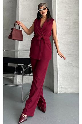 کت و شلوار زرشکی زنانه یقه کتی pembekurdelem - کد 956779968