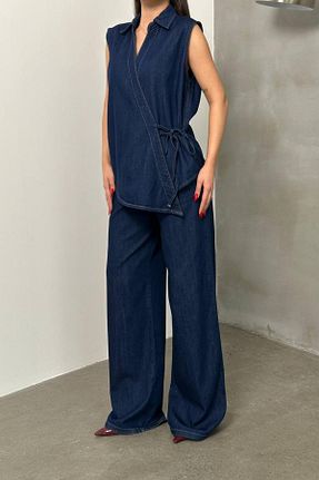 شلوار جین سرمه ای زنانه پاچه گشاد LACARINO - کد 940053794