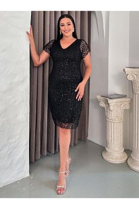 لباس مجلسی سایز بزرگ مشکی زنانه یقه هفت Butik Nilyam - کد 825320225