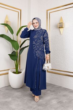 لباس مجلسی حجاب سرمه ای زنانه یقه ایستاده Elif Artar - کد 929202137