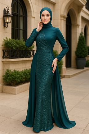 لباس مجلسی حجاب سبز زنانه یقه ایستاده Neva Style - کد 125690929