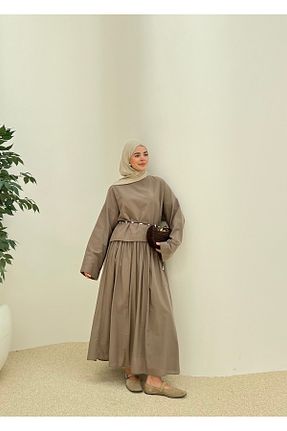 ست بالاتنه و پائین تنه حجاب قهوه ای زنانه اورسایز MODA AKSA - کد 961543003