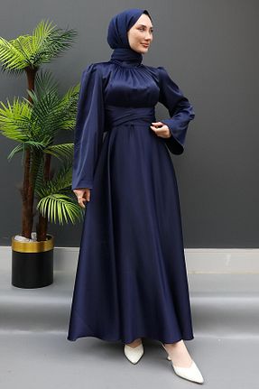 لباس مجلسی حجاب سرمه ای زنانه یقه ایستاده Lamia Giyim - کد 940339985