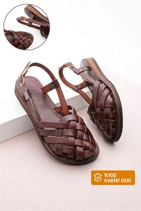 صندل قهوه ای زنانه پاشنه تخت Marjin - کد 5938147