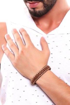 دستبند جواهر قهوه ای مردانه چرم طبیعی کد 141103608