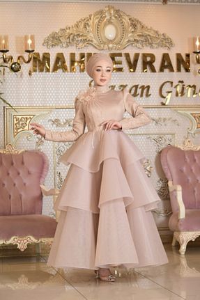 لباس مجلسی و فارغ التحصیلی قهوه ای زنانه توری MAHİDEVRAN - کد 145340269