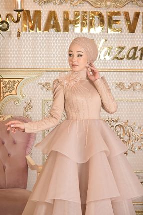 لباس مجلسی و فارغ التحصیلی قهوه ای زنانه توری MAHİDEVRAN - کد 145340269