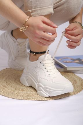 کفش اسنیکر سفید زنانه بند دار چرم مصنوعی کد 145897570