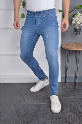 شلوار جین آبی مردانه پاچه تنگ پنبه (نخی) ساده کد 146314617