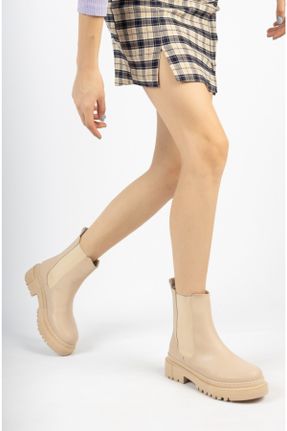 بوت بژ زنانه چرم مصنوعی پاشنه ضخیم پاشنه کوتاه ( 4 - 1 cm ) کد 154129030