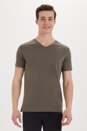 تی شرت خاکی مردانه یقه هفت تکی کد 4725320