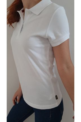 تی شرت سفید زنانه اسلیم فیت یقه پولو پنبه (نخی) تکی کد 46399572