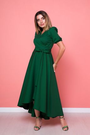 لباس مجلسی سایز بزرگ سبز زنانه A-line آستین کوتاه پنبه - پلی استر یقه دوبل کد 56815278