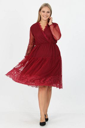 لباس سایز بزرگ زرشکی زنانه دانتل XXL BUTİK - کد 165757373