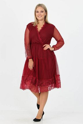 لباس سایز بزرگ زرشکی زنانه دانتل XXL BUTİK - کد 165757373