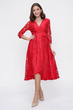 لباس قرمز زنانه بافتنی پلی استر رگولار آستین-بلند کد 166825759