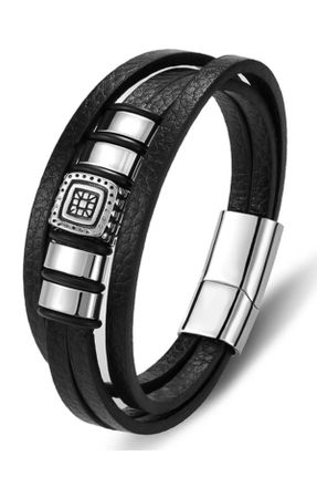 دستبند جواهر مشکی مردانه چرم طبیعی کد 48917612