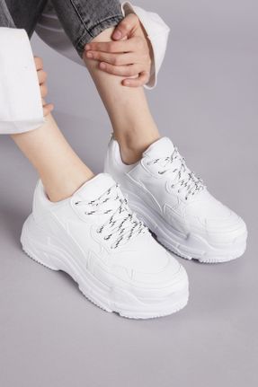 کفش اسنیکر سفید زنانه بند دار چرم مصنوعی کد 6499001