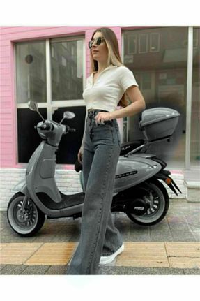شلوار جین طوسی زنانه پاچه گشاد فاق بلند ساده بلند کد 196228206