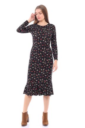 لباس مشکی زنانه بافت کرپ طرح گلدار قلمی آستین-بلند کد 63035688