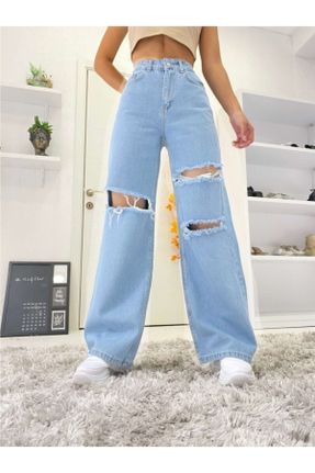 شلوار جین آبی زنانه پاچه گشاد فاق بلند ساده بلند کد 124358222