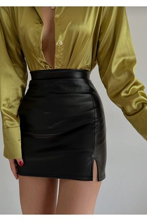 دامن مشکی زنانه چرم مصنوعی IŞILDA - کد 203642367