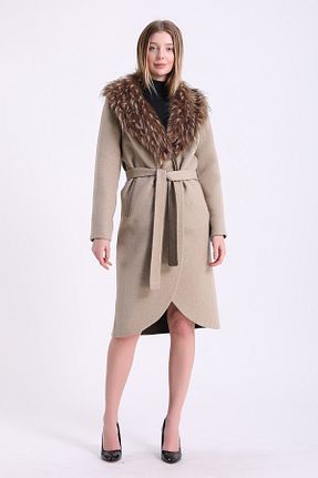 پالتو پشمی بژ زنانه رگولار Leather Club - کد 202162004