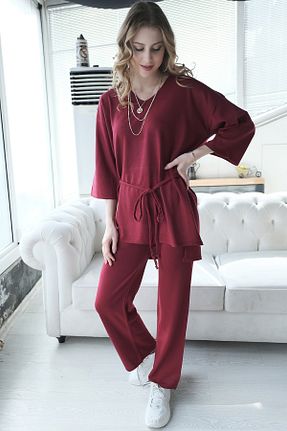 ست بالاتنه و پائین تنه زرشکی زنانه بافت AVORWE - کد 206591598