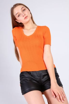 تی شرت نارنجی زنانه اسلیم فیت یقه هفت جوان کد 209210770