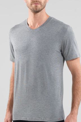 تی شرت طوسی مردانه یقه هفت مودال تکی کد 209300484
