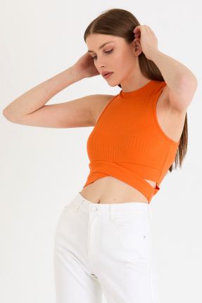 تی شرت نارنجی زنانه کراپ یقه گرد کد 101713095