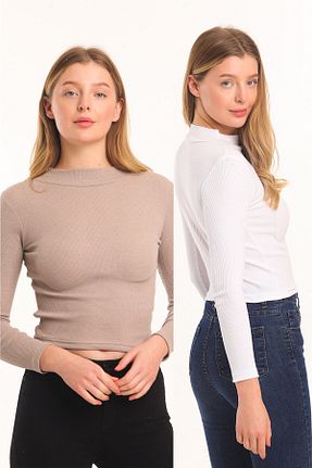 بادی سفید زنانه یقه نیم ماهیگیر TİODES - کد 219047607