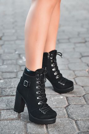 بوت / نیم بوت مشکی زنانه چرم مصنوعی LEYDİ SHOES - کد 222476765