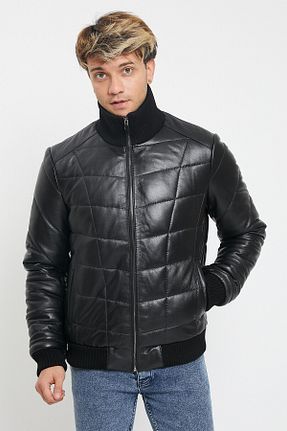 کاپشن مشکی مردانه چرم خالص nero leather fur - کد 39890794