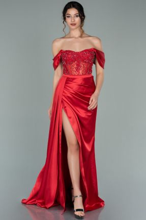 لباس مجلسی قرمز زنانه ساتن رگولار یقه قایقی بدون آستر کد 225382334