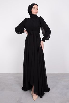 لباس مجلسی اسلامی مشکی زنانه یقه ایستاده شیفون A-line کد 227228456
