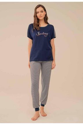 ست لباس راحتی سرمه ای زنانه پنبه ای Feyza Pijama - کد 80330993