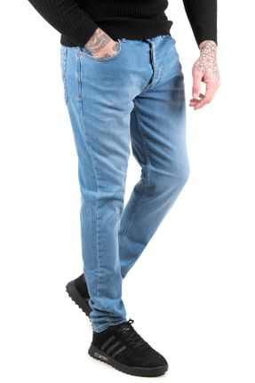 شلوار آبی مردانه پنبه (نخی) جین پاچه تنگ فاق نرمال اسلیم فیت کد 229361141