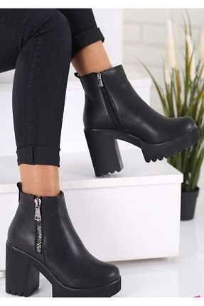 بوت / نیم بوت مشکی زنانه چرم مصنوعی LEYDİ SHOES - کد 235579796