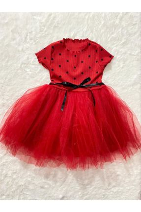 لباس قرمز زنانه بافتنی تور آستین-کوتاه کد 236394371