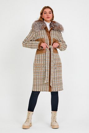 پالتو پشمی طلائی زنانه رگولار Leather Club - کد 237613494