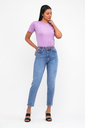 شلوار جین بنفش زنانه پاچه رگولار فاق بلند جین بلند کد 239744345